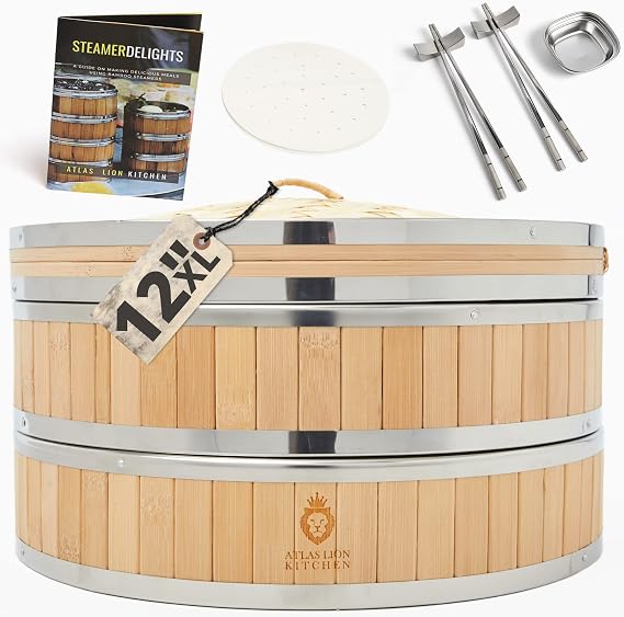 Bamboo Steamer 12 inch, Chinese Steamer Set For Steamer Cooking With 2 Steamer Baskets, 2 Pairs of Chopsticks, Sauce Holder, 20 Liners, Recipe Book | Steamer Bamboo Cooking Gift Set
