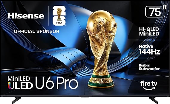 Hisense 75" U6 Pro Series MiniLED ULED 4K UHD HDR Gaming AI Smart Fire TV (75U6SF Pro, 2026 New) Hi-QLED, Native 144Hz, Motion Rate 480, Dolby Vision IQ Atmos, HDR10+, Glare-Free, Alexa+