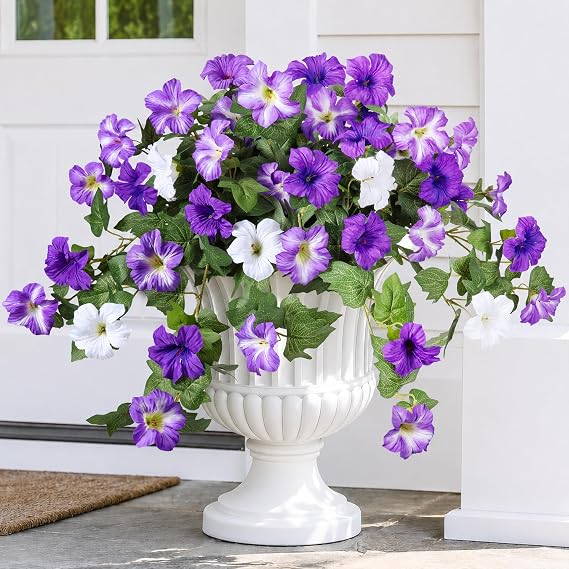HyeFlora Artificial Flowers for Outdoors 2PCS Spring Faux Morning Glory Look Real Silk Flowers for Outside Planter UV Resistant Fake Flowers for Home Garden Balcony Yard Porch Deco Purple