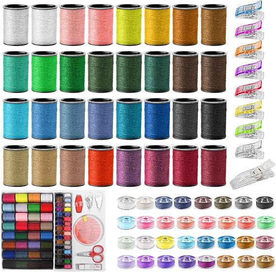 Annyswit 64 Rolls Sewing Machine Thread Set with 10 Bobbins Clips
