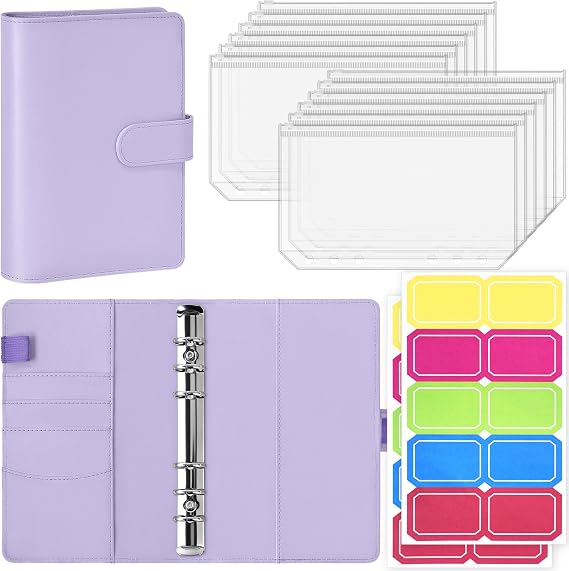 Antner A6 Budget Binder with Zipper Cash Envelopes for Money Organizer & Budgeting, PU Leather Budget Planner Money Saving Binder with Cash Stuffing Envelopes & Labels for Home Office Travel, Purple