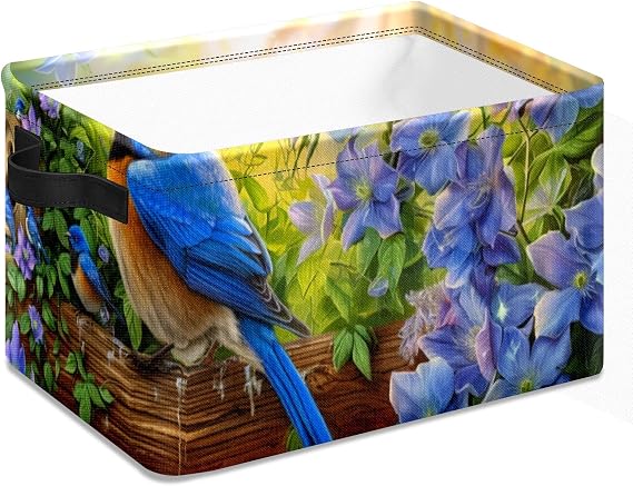 Storage Basket Blue Bird Fabric Storage Shelves Cubes - Collapsible Storage Bins Organizers for Home Toys Clothes Large Fabric Basket with Handles 14x10x8 inches