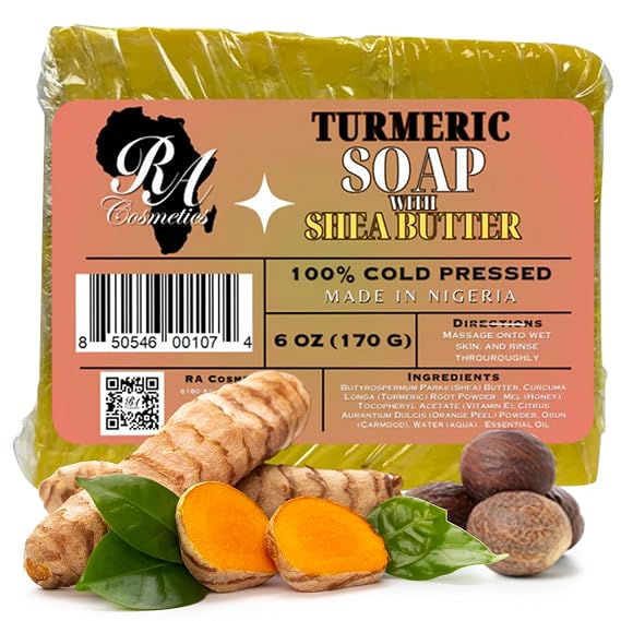 RA COSMETICS Turmeric Soap with Shea Butter 100% Natural Face & Body Soap for Healthy, Hydrated Skin Gentle Exfoliating & Nourishing Cleansing Bar for All Skin Types - 6oz