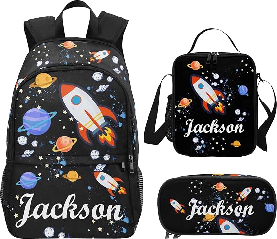 Customized Backpack with Name Personalized Space Rocket Print Backpack, Preschool Elementary boys Bookbags for Bag Back to School, Travel Daypack Shoulder