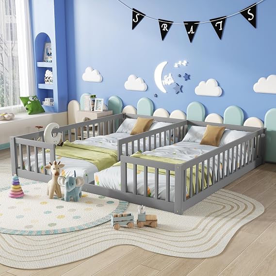 Floor Bed for 2 Kids, Montessori Bed Frame with Fence Railings, Wooden Double Twin Bed for Two Boys Girls, Box Spring Needed, Gray