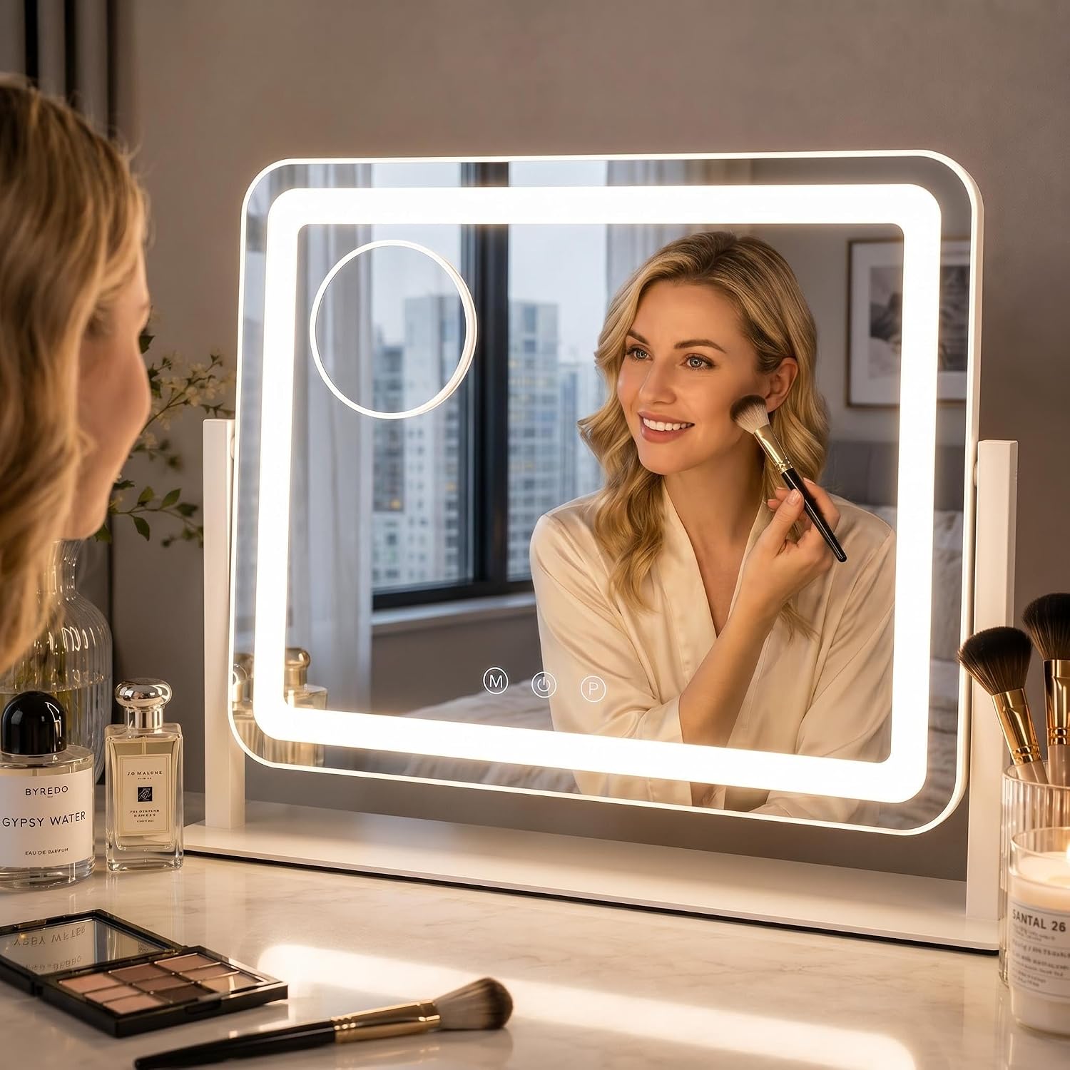 Sucedey Vanity Mirror with Lights, 46 x 36cm Lighted Makeup Mirror, 3 Color Modes and Adjustable Brightness, Touch Control, Detachable 10X Zoom Mirror (White)