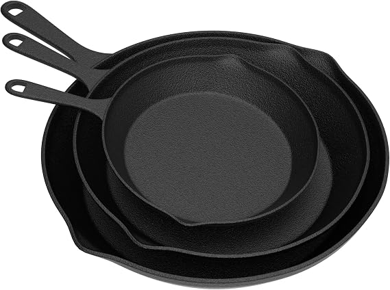 Pre Seasoned Cast Iron Skillets - 3 Pan Set - 9 inches, 8 inches, 6 inches - 1.5 to 2 inches deep - Durable with Strong Handle - Great for both veggies and meat