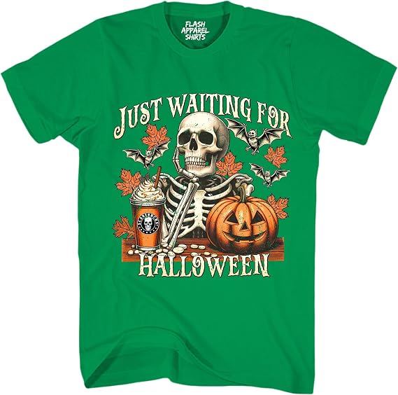 Halloween Just Waiting for Halloween Shirt Vintage Retro Skeleton Pumpkin Spooky Scary Funny Unisex Novelty T-Shirt