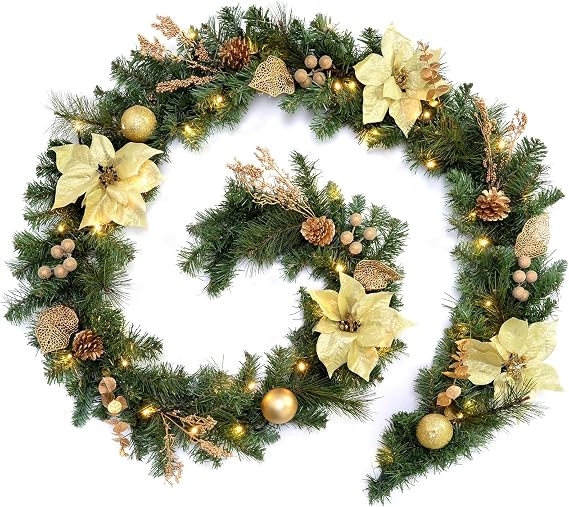 WeRChristmas Pre-Lit Decorated Garland Christmas Decoration Illuminated with 40-LED Lights, Cream/Gold, 9 feet (2.7 m)
