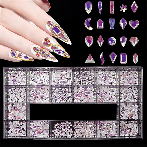 1000Pcs Flat Back Rhinestones for Nails, HOINCO Aurora Purple Rhinestones for Nails, Mix 20 Styles Flatback Rhinestone, Multi Shapes Gems Jewels for Nail Crafts with Tweezers