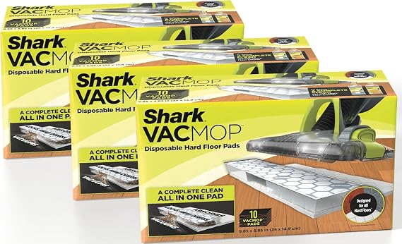 Shark VACMOP Disposable Hard Floor Pad Refills, Compatible with VM252 & VM180, No-touch Disposal, For use on ALL Sealed Floors - Stone, Hardwood, Laminate & Tile, (Pack of 3, 30 Count Total), VMP30