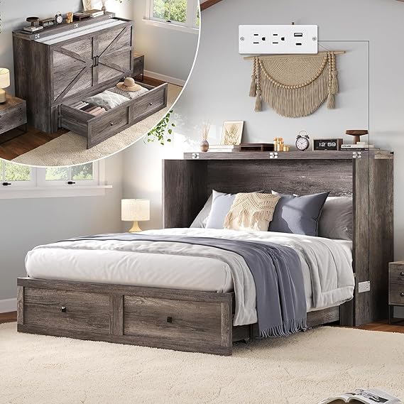 LUXOAK Queen Murphy Cabinet Bed with with Storage & Charging Station