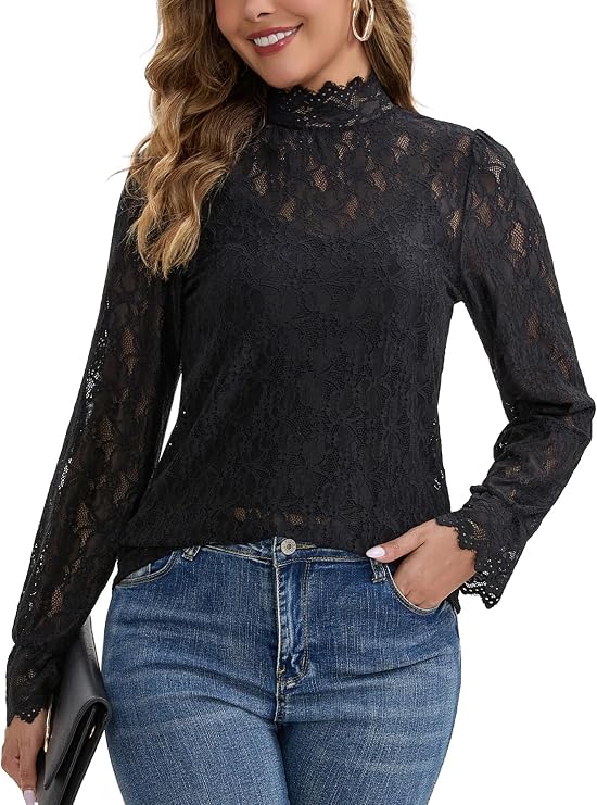 Women's Floral Lace Top Long Sleeve Mock Neck Top Dressy Casual Shirt with Camisole 2 PCS Set