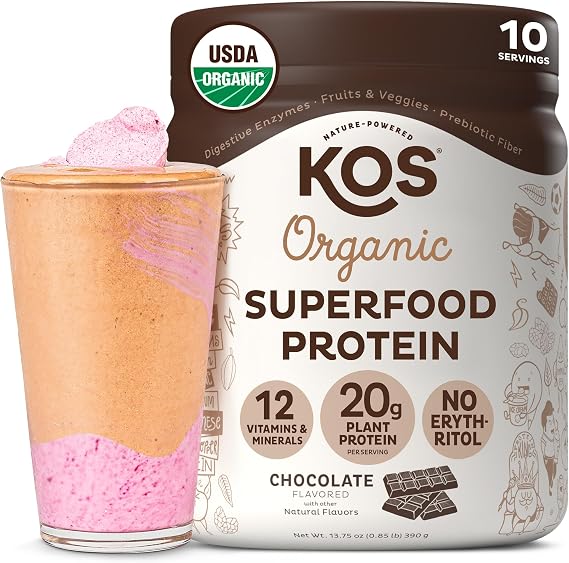 KOS Vegan Protein Powder, Chocolate USDA Organic - Low Carb Pea Protein Blend, Plant Based Superfood with Vitamins & Minerals - Keto, Soy, Gluten Free - Meal Replacement for Women & Men - 10 Servings