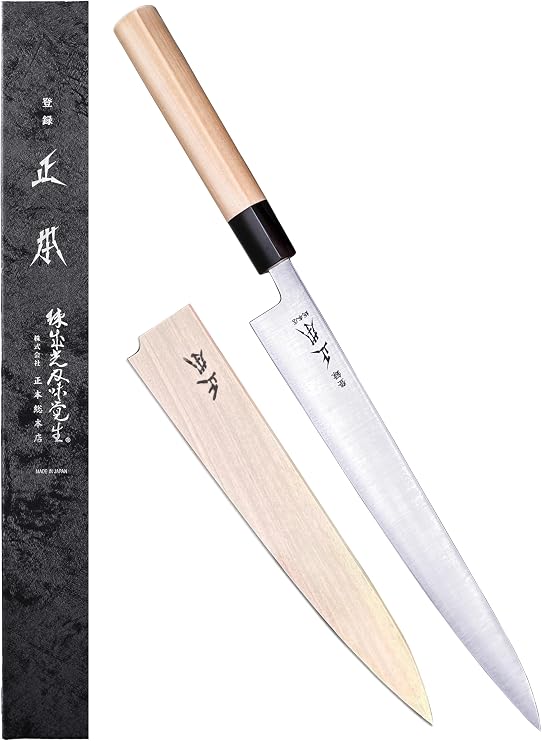 MASAMOTO SW Sujihiki Slicing Knife 9.5" (240mm) Made in JAPAN, Professional Japanese Slicer Knife for Brisket, Meat, Sashimi, Ultra Sharp Swedish Stainless Steel Blade, Wood Wa Handle, Black Ferrule