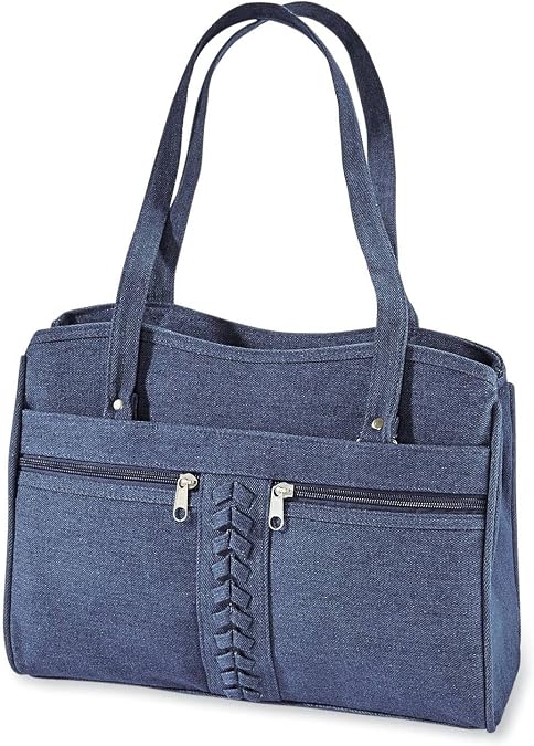 Braided Trim Denim Bag, Soft Jean Handbag for Women, Casual Purse with Multiple Pockets, Crossbody Shoulder Strap, Two Top Handles