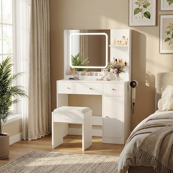 Vanity Desk with Mirror and Lights, Makeup Vanity Table Set with Power Hub, 3 Lighting Modes & Adjustable Brightness, Drawers & Storage Shelves, Dressing Table for Bedroom