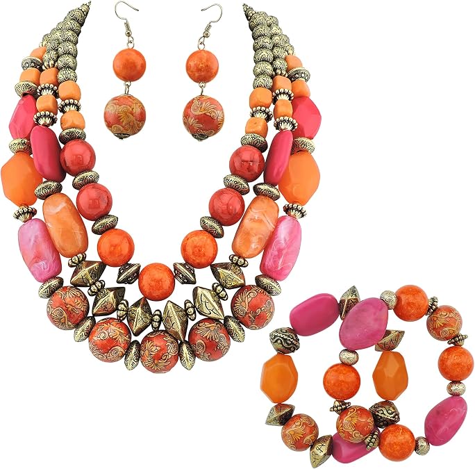 Bocar 3 Layer Chunky Statement Beaded Necklace Earrings Bracelet Set, Fashion Multi Layer Women Collar Necklace Jewelry Set