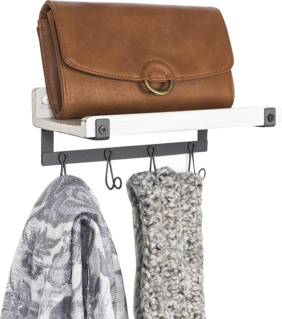 Spectrum Entryway Shelf with Hooks Wall Mounted Wood Hook Station Entry Storage Organizer for Coats Keys Hats Purses Jackets, Easy Mount Hanging White Coat Rack Shelf with Industrial Gray Hooks