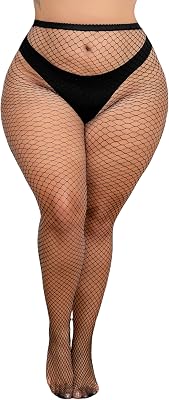Henwarry Womens Plus Size Mesh Fishnet Stockings Thigh High Waist Black Wide Tights for Weight 100-290 Lbs