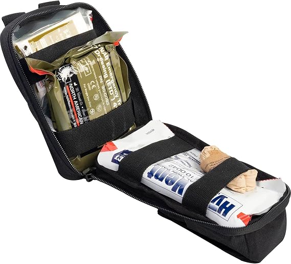 North American Rescue ROO M-FAK First Aid Kit (Black) NAR MOLLE First Responders Trauma Mini MFAK with C-A-T Tourniquet, HyFin Vent Chest Seals, 4" Flat ETD (80-1049)