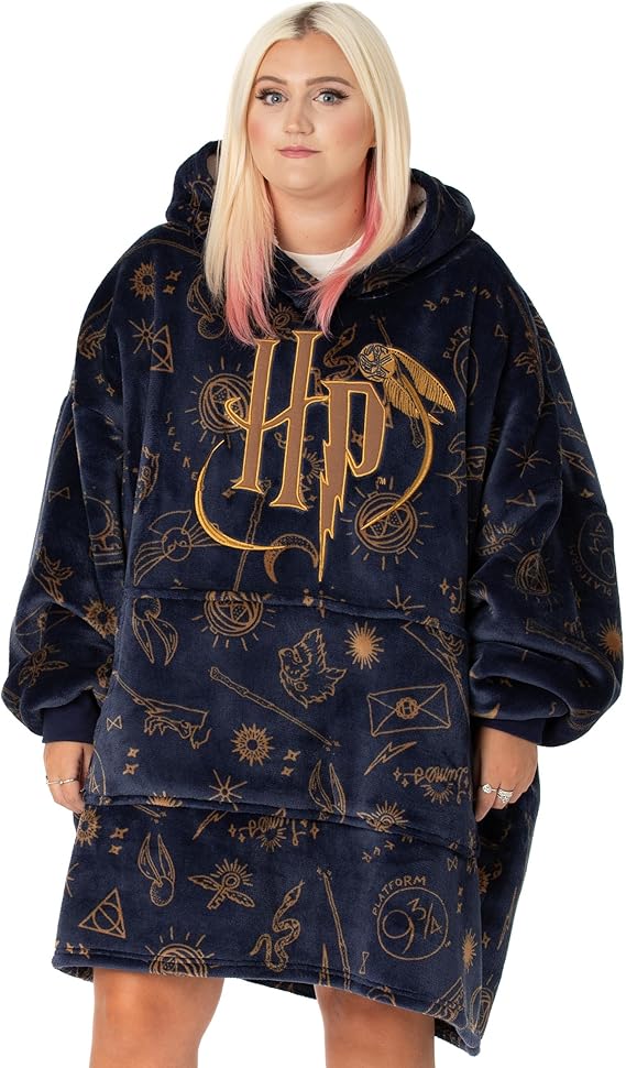 Harry Potter Womens Wearable Blanket Hoodie | Adults Fluffy Fleece Hooded Pullover Hogwarts Graphic | Wizard Lined Loungewear with Big Pocket