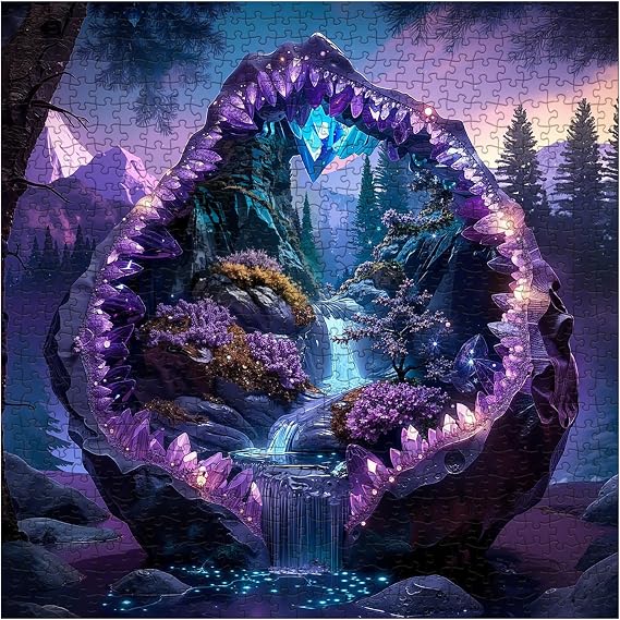 Fantasy Crystal Cave Landscape Puzzle for Adults 1000 Piece, Gem Waterfall Mountain Jigsaw Puzzle, Purple Nature Forest Scenic Puzzle