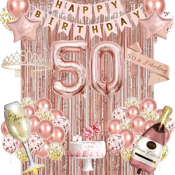 50th Birthday Decorations for Women,Happy 50th Birthday Banner,Backdrop,Crown, Sash,Goblet Balloons, Champagne and Star Balloons,Rose Gold 50 Birthday Party Decoration set