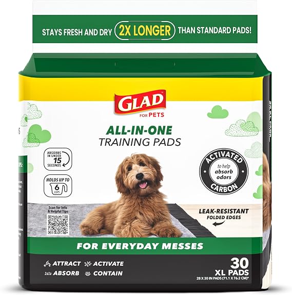 Glad for Pets XL Charcoal Training Pads for Dogs and Puppies, 30 Count | 6-layer, activated-carbon pads with pheromone attractant, leak-proof, extra-large 28 x 30 in coverage