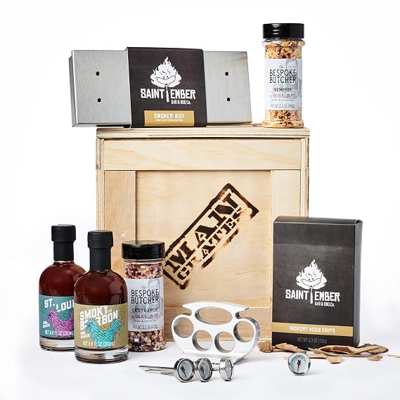 Man Crates Grill Master Crate with Wood Chips, Smoker Box, Thermometer, Tenderizer, Sauce and Rubs