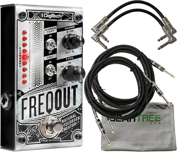 Digitech FreqOut Natural Feedback Creation Guitar Effects Pedal with 2 Path Cables for Guitars, Instrument Cable and Zorro Sounds instrument cleaning cloth