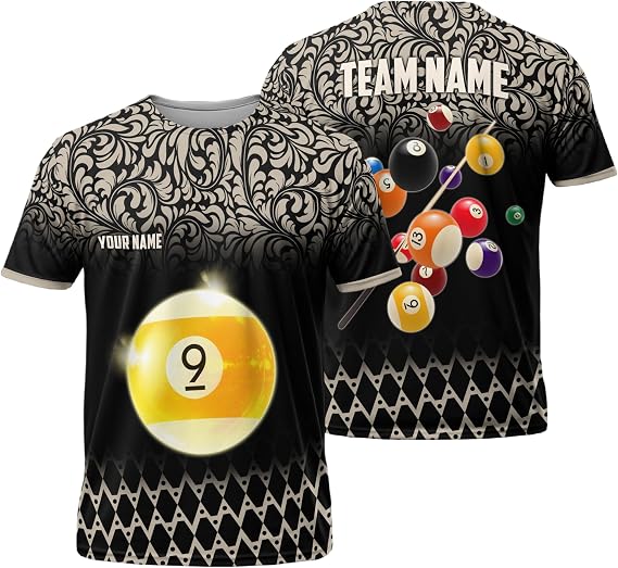 Cool Floral Pattern Cue Ball T Shirt with Team Name Customizable Playing Pool Tshirt 3 D Billiards Club Thing Multicolor