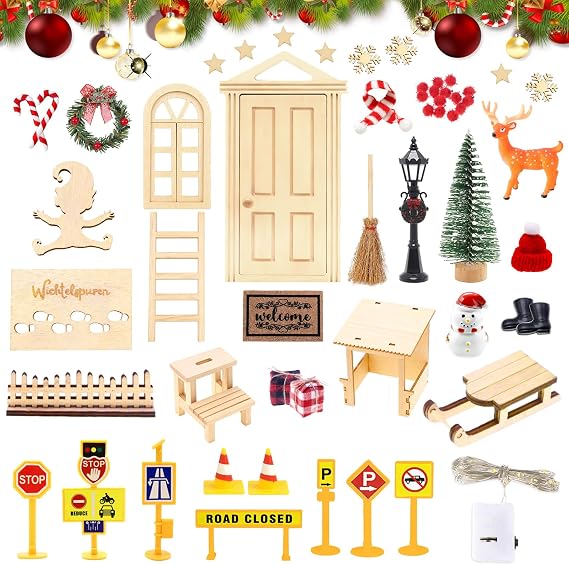 Gnome Door Set 57 Pieces - Christmas Gnome Accessory Set with Construction Site Light and Fence Wreath Miniature Gnome Accessories Christmas Gnome Set for Christmas Decoration