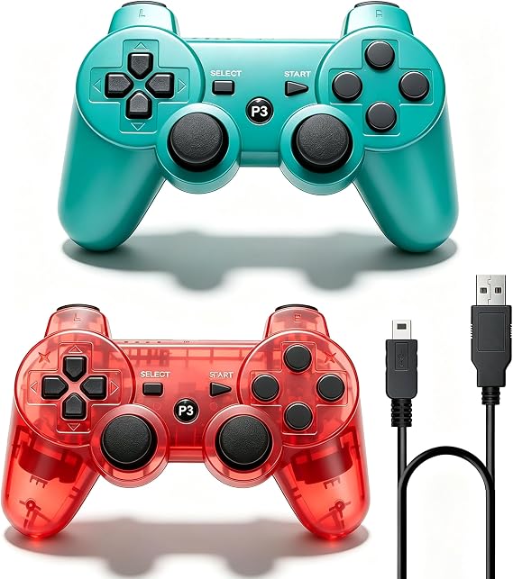 ＲＵＥＩＵＲＩ P-S3 Controller 2 Pack PS-3 Wireless controller P 3 Controller Wireless Bluetooth Gamepad with USB Charger Cable for PS-3 (Green+Red)