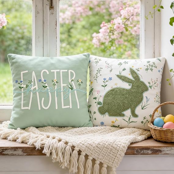DN DECONATION Easter Pillow Covers 18x18 Inch, Spring Throw Pillow Covers Set of 2, Farmhouse Decorative Lumbar Pillows Case for Couch, Sofa, Living Room, Easter Home Green Bunny Decor