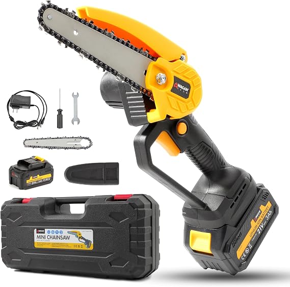 Wagan EL7007 OneVolt Cordless Chainsaw 6 Inch Handheld Electric Chainsaw | Lightweight Handheld Saw, Cordless, UL Certified 3.0Ah Rechargeable Battery, for Tree Trimming, Pruning, and Wood Cutting