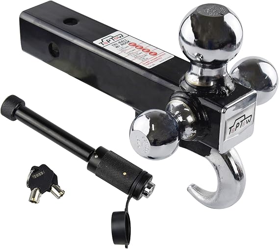 TOPTOW 64180HL Trailer Hitch Tri-Ball Hitch with Hook, Fits 2-inch Hitch Receiver, Chrome, 58 inch Hitch Lock Included
