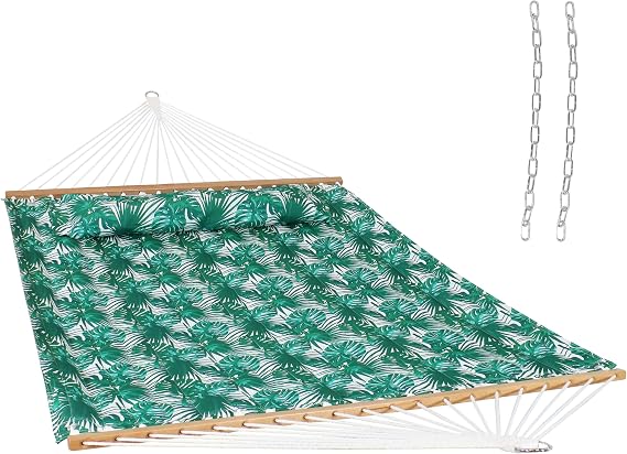 Sunnydaze Quilted Double Hammock for Outside with Spreader Bars and Pillow - 450 lb Capacity, 74x55 Inch Bed, UV Resistant, Quick Dry - Chains Included, Stand Sold Separately - Green Palm Leaves