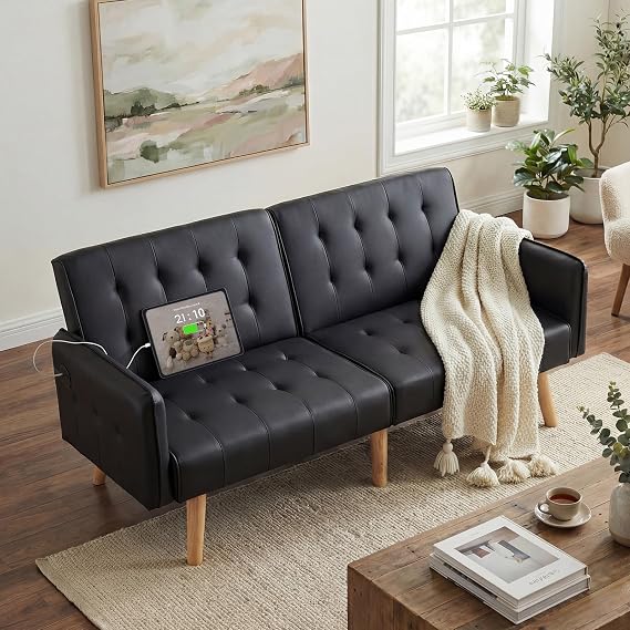 65'' Convertible Futon Sofa Bed with USB, Small Couch for Living Room