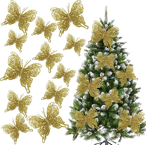 Gold Glitter Butterfly Decorations Christmas Tree Butterfly Ornaments Artificial Butterflies with Clip & Stem for Xmas Party Wreath Garland Decor - 12-Pack 5inch 3D Hollow Butterflies