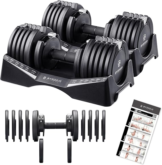 BYZOOM FITNESS Pure Series Adjustable Dumbbell - 12.5/25/27.5/50/55/75lb - ONE UNIT OR PAIR(check QTY before purchase) - 5-in-1/ 10-in-1 / 15-in-1 / 21-in-1 Flexible Hand Weights for Home Apartment Garage Gym, Strength Training & Fitness Workouts, White OR Black