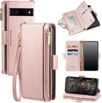 Antsturdy Compatible with Google Pixel 6a Case Wallet with Card Holder for Women Men Phone Case RFID Blocking PU Leather Flip Shockproof Cover with Strap Zipper Credit Card Slots,Rose Gold