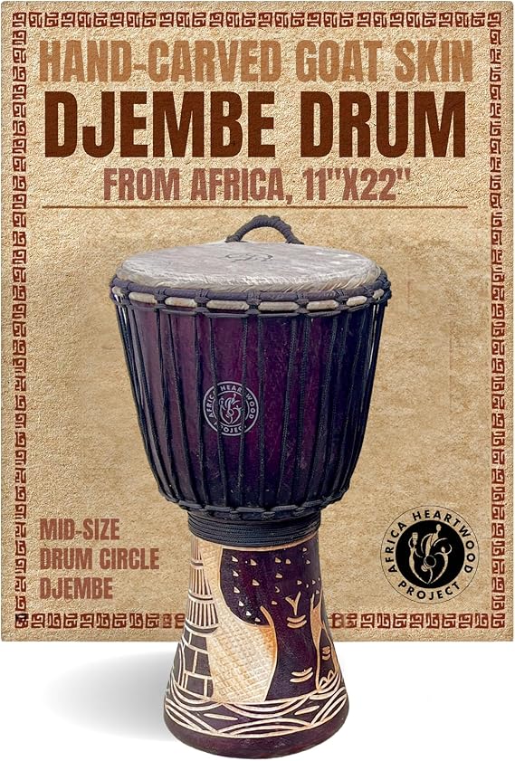 Africa Heartwood Project Hand-Carved Djembe Drum from Ghana - 11"x22" Authentic African Drum Circle Village Djembe - Solid Wood & Natural Goat Skin - Ready to Play Out of the Box Musical Instrument