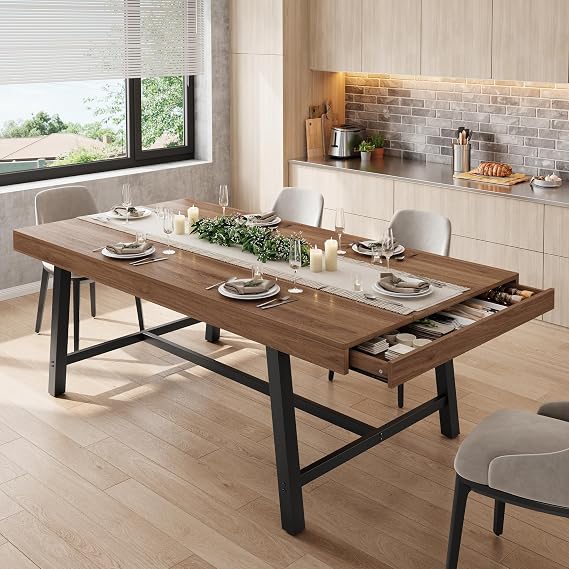 Industrial Dining Table for 6, 70.9" Rectangular Kitchen Table with 2 Hidden Storage Drawers, Wooden Dining Room Table with Heavy Duty Metal Frame, Kitchen & Dining Room Table for 6-8 People, Brown