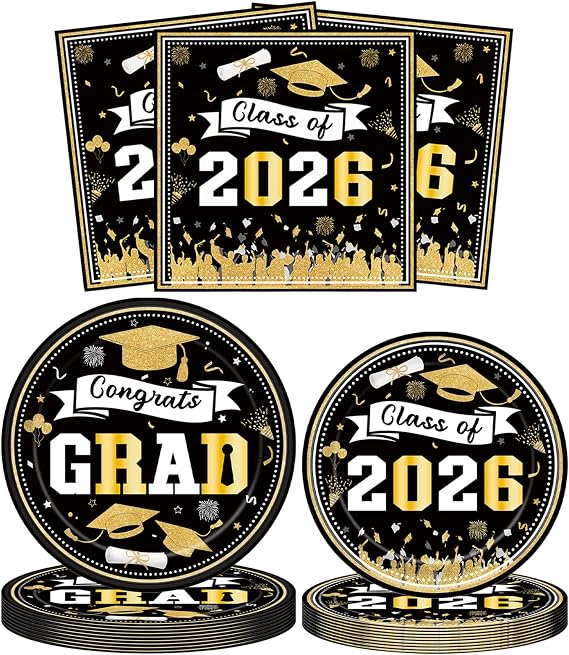 2026 Graduation Party Supplies Black & Gold Disposable Plates and Napkins, Class of 2025 Tableware Set for College and High School Graduation Parties, Serves 16