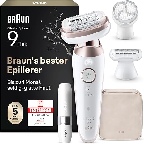 Braun Silk-épil 9 Flex All-in-One Set: Epilator Razor Trimmer/Women's Hair Remover Mini Razor Exfoliating Attachments Made in Germany 9-306 3d White/pink Titanium