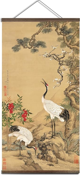 Chinese Pine Plum Crane Wall Scroll, Black Walnut Mounted