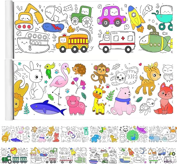 2 Pack Sticky Coloring Paper Rolls for Kids, Large Children Drawing Paper, 118x11.8 Extra Long Adhensive Color Sheet for Kids Party Gift (Animal + Traffic)