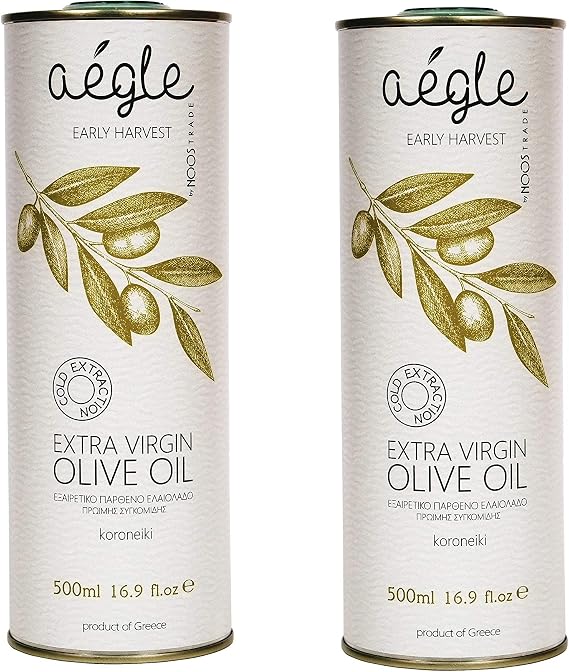 Aegle Early Harvest Greek Extra Virgin Olive Oil Cold Pressed, Premium Quality Polyphenol Rich EVOO, 100% Koroneiki, Family Estate 500 ml Tins (Pack of 2)