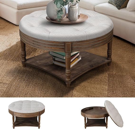 31.5in Farmhouse Round Ottoman Coffee Tables for Living Room Office, Tufted Upholstered Linen Ottoman Centre Table with Storage Shelf and Solid Legs, Light Gray Round Coffee Table with Hidden Storage